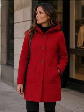 Gerry Weber Edition Red Hooded 100% Virgin Wool Trench Coat Size S M Winter